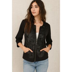 Chico’s Zenergy Black Soutache Zip Jacket S Textured 3D Swirl Pattern Chic